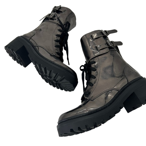 NWT DKNY Bart Combat Boots Size 7 Metallic Patent Gunmetal Mirror Finish in Box - Picture 9 of 9
